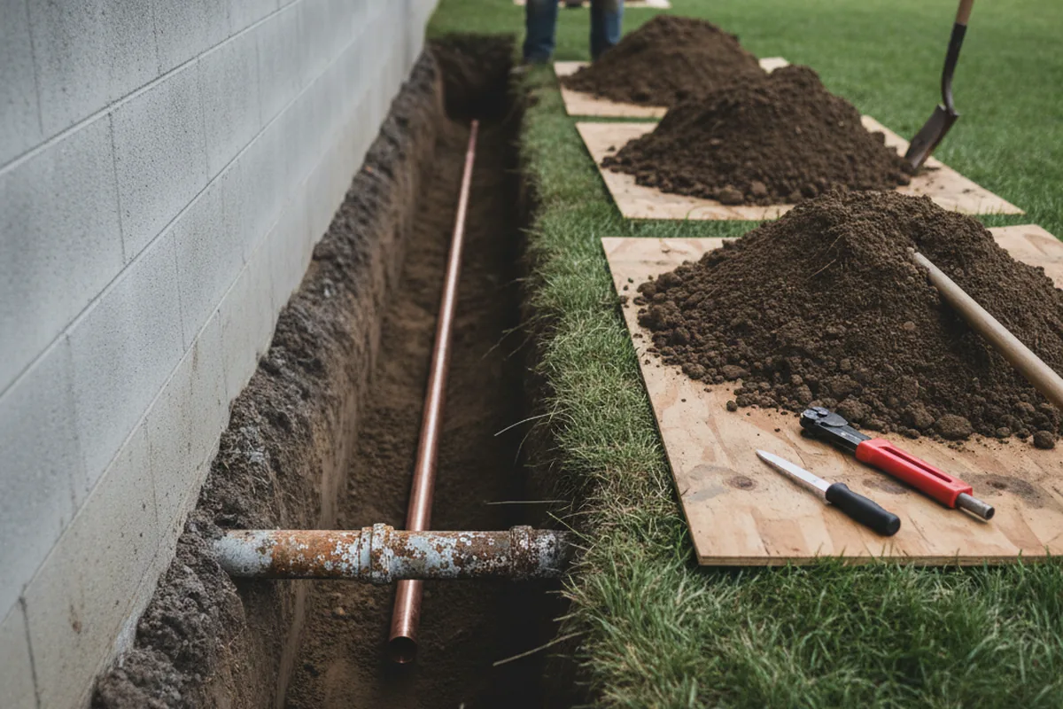 Excavated water line trench during Water Softener Installation in Eagle Lake